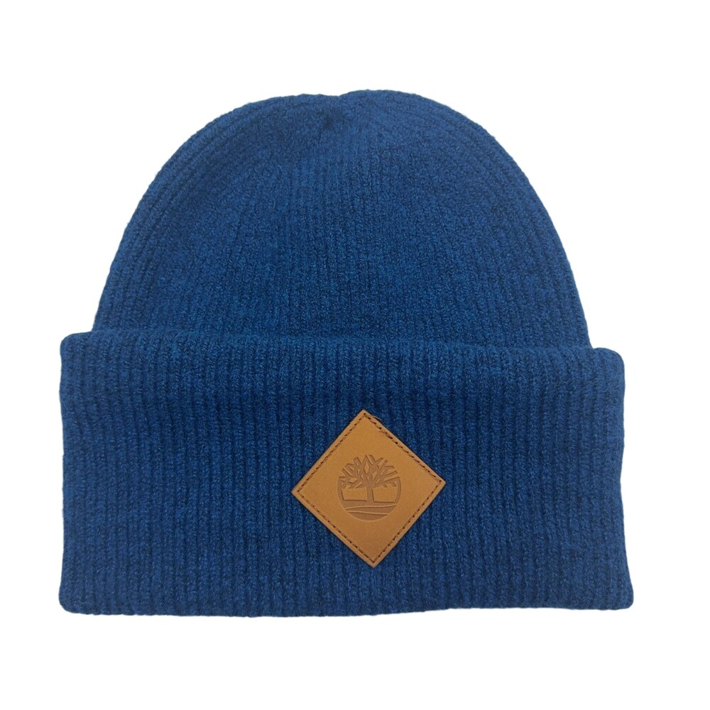 Timberland Beanie Mens Blue‎ Knit Logo Cuff Hat One Size Stretch Winter Ribbed